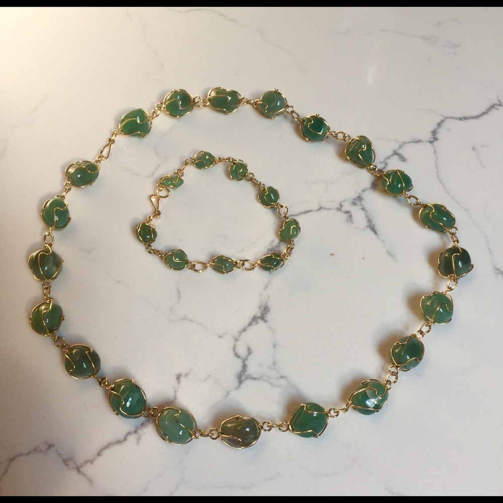 Vintage Green Quartz Goldtone Necklace w/ Bracelet
